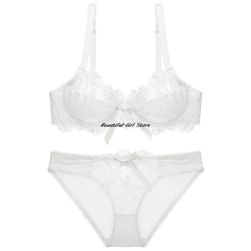 레이스 푸시 업 브래지어 세트 통기성 팬티얇은 메쉬 컵 투명 Behal 란제리 보우 자수 Flora Soutien Gorge — image 11