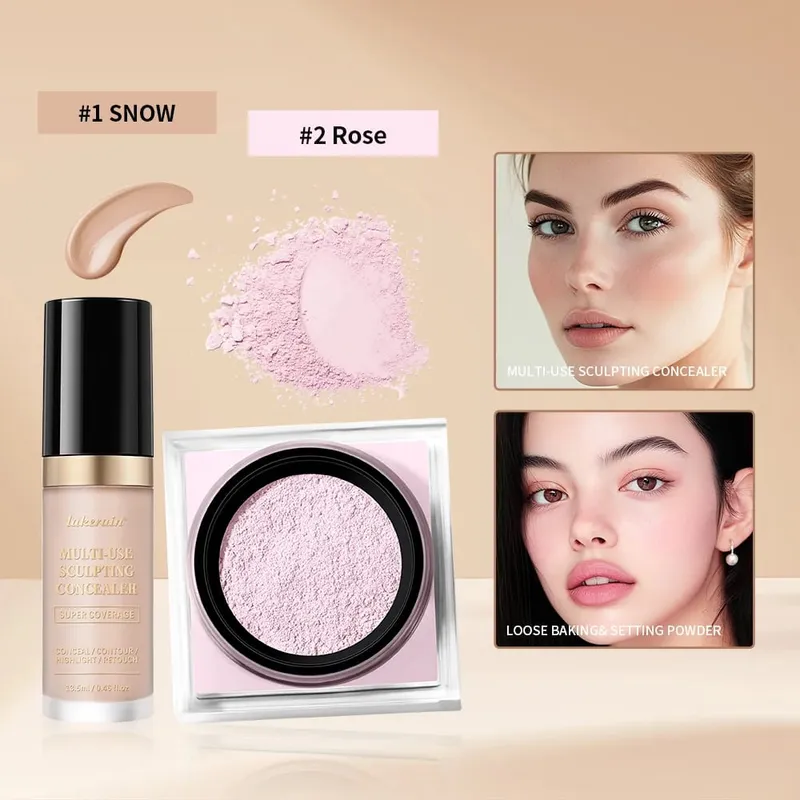 Set Solekan Wajah 2pcs Dengan Concealer dan Bedak Tetapan Longgar Wajah Asli Licin Matte Kemasan Kosmetik Wanita Makeup Korea