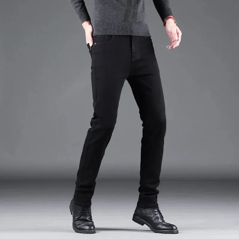 Pantaloni dritti elastici dei jeans slim neri puri dei nuovi uomini di primavera autunno moda business per il tempo libero pantaloni denim vintage coreani maschili — image 5