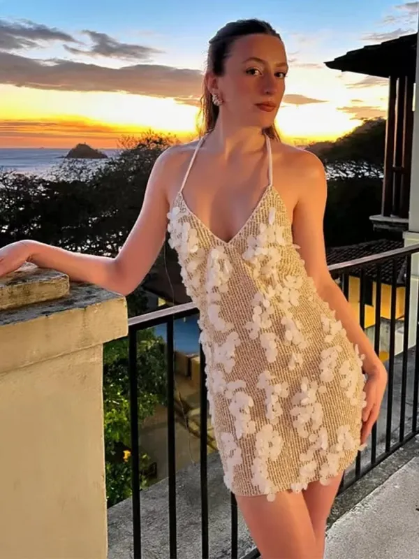 Frauen Solide Pailletten Mini Kleid Neckholder Tiefem V-ausschnitt, Figurbetontes Ärmelloses Sparkly Vestidos Formale Club Party Cocktail Kleider Neue — image 12
