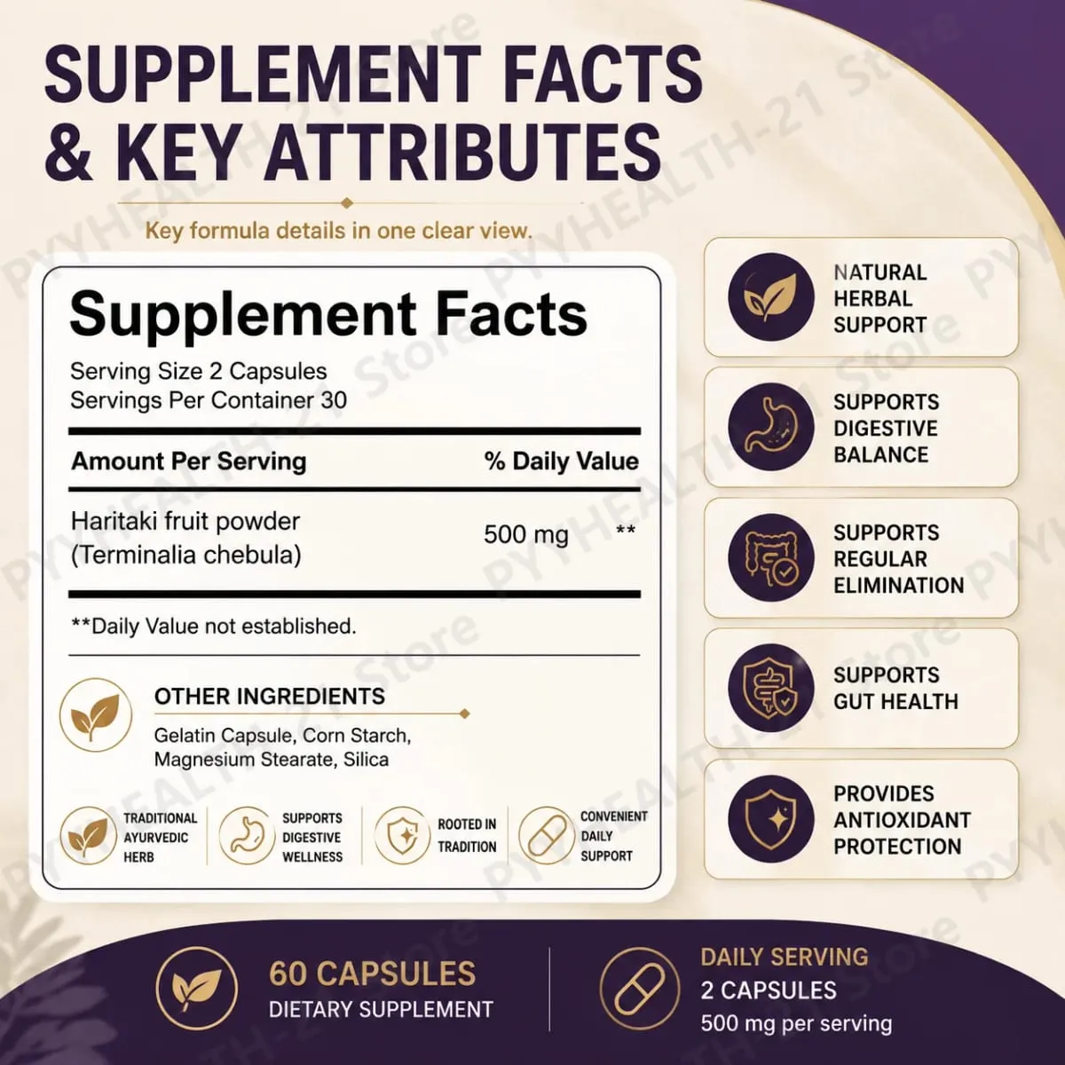 Haritaki supplément 3ème œil 500 mg soutient l'équilibre digestif santé intestinale élimination régulière Protection antioxydante quotidienne 60 Ct — image 3