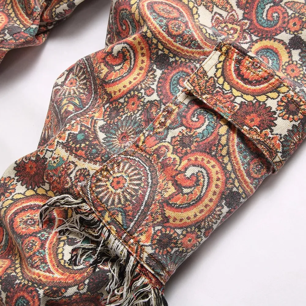 Men Bandana Print Pants Plus Size Multi Pockets Cargo Jeans Fashion Tassels Paisley Bandanna Trousers — image 4