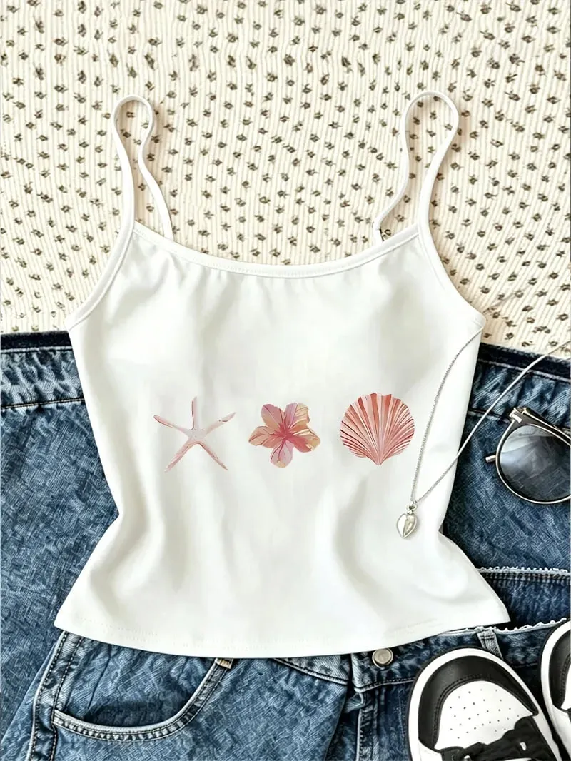 Chic Sexy Graphic Starfish Shell Print Camisole Top Chic Casual Crop Top Vest Spring Summer Harajuku Women'S Tank Top — image 2