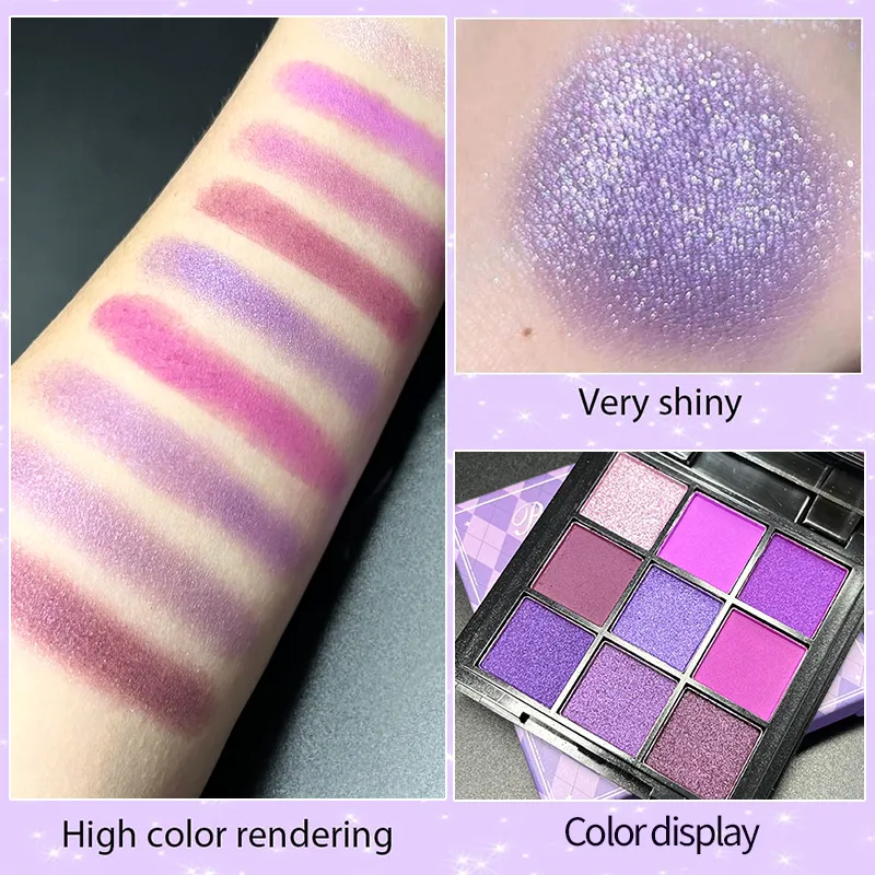 Palet Pembayang Mata 9 Warna Ungu Matte Pembayang Mata Mutiara Mekap untuk Wanita Kosmetik Korea Berkilauan Berkilauan — image 4