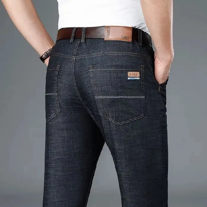 Seluar Jeans Nipis Perniagaan Lelaki Keanjalan Klasik Seluar Denim Kaki Lurus Fesyen Seluar Lembut Selesa Pakaian Kasual Lelaki