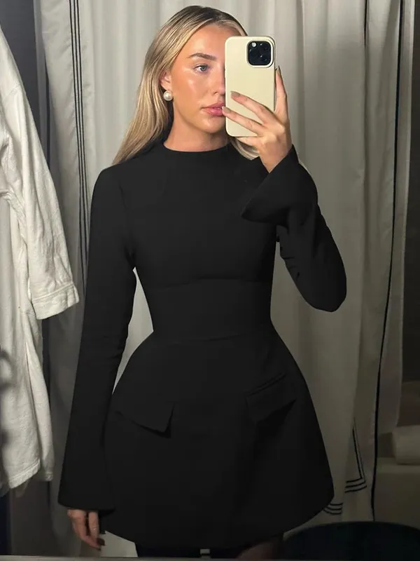 Dulzura Long Sleeves Zipper Bodycon Mini Dress With Pocket Solid Elegant Outfit Office Streetwear Women’S Autumn Winter Clothes
