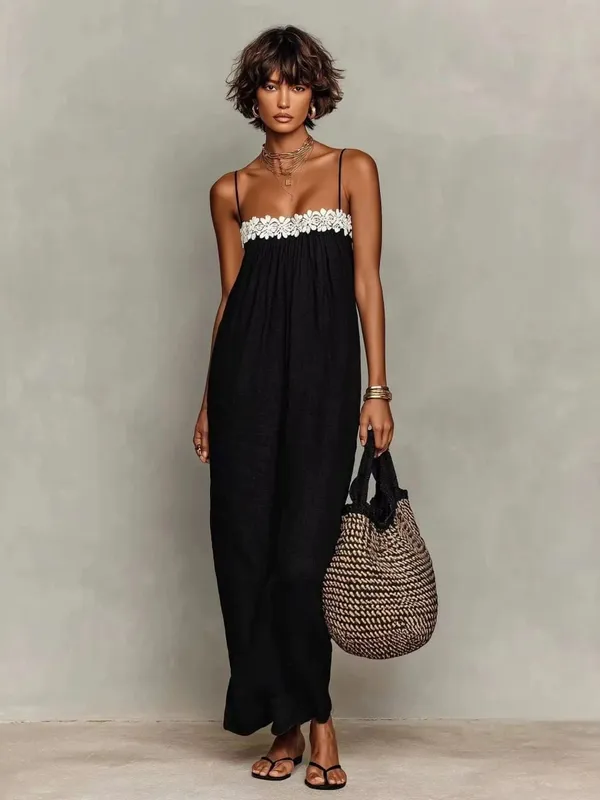 Abito lungo Boho estivo da donna, cinturino per spaghetti, patchwork in pizzo, vestito estivo da spiaggia allentato, abiti lunghi da vacanza casual
