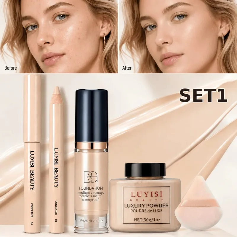 4-teiliges Gesichts-Make-up-Set: 1 Concealer-Stift + 1 Foundation + 1 loser Puder + 1 Puff Flawless Waterproof Long-Lasting Natural