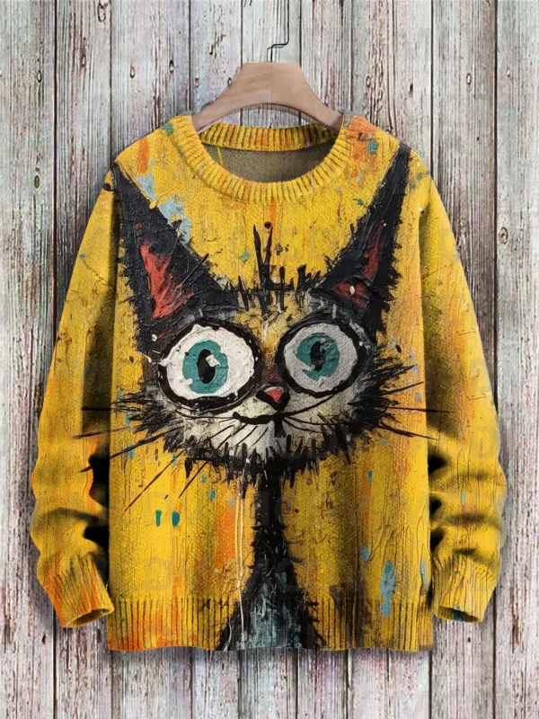 Sweter Pulover Rajut Kasual Gambar Cetak Pola Seni Burung Bunga Kucing Hitam Lucu Sweter Klasik Pulover Pria untuk Wanita — image 7