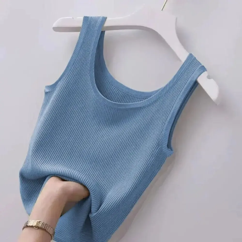 2024 Polyester Sexy košilka bez rukávů Základní top Jednobarevné Letní Košilka Streetwear Trička Tričko Jarní Pletené Tílko Dámské — image 14