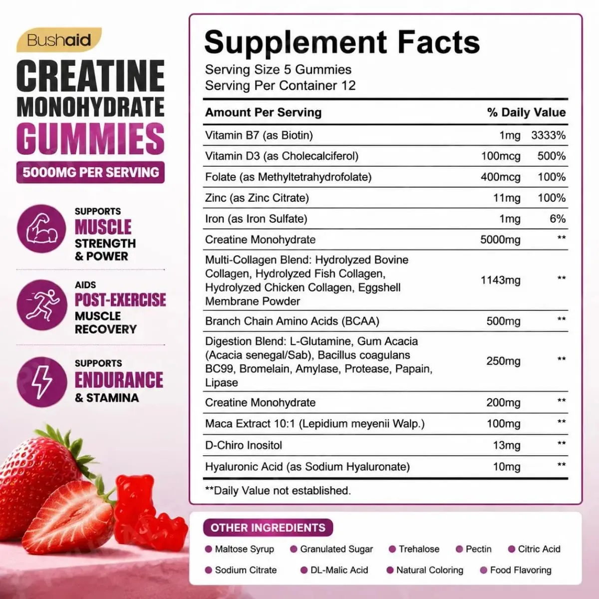 BushAid Creatine Monohydrate Gummies til post-workout muskelgendannelse med Multi-Collagen Blend BCAA og Zink 60 Gummies — image 3