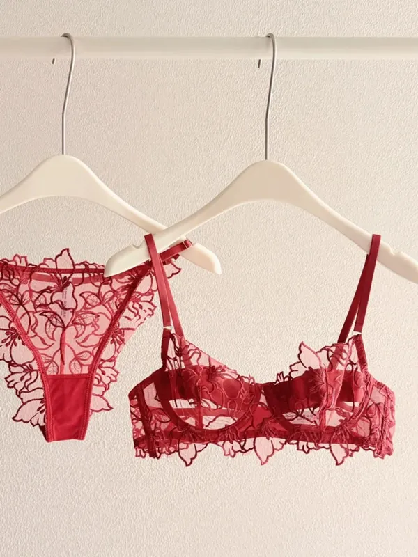 Romantická krajková sada spodního prádla z průhledné síťoviny, ultratenká měkká kostice pro zmenšení celého poprsí a push-up pro malá poprsí — image 3