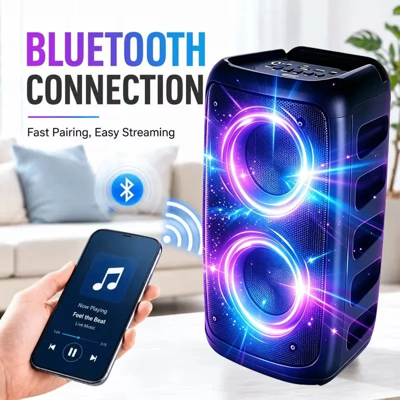 9900Hz Professional Large Bluetooth Speaker with Microphone Portable Design Featuring Subwoofer Party Box LED Lights Compatible with BT/USB/TF/AUX/FM/TWS/MIC/EQ Functions Professional Karaoke. Ideal Gift for Birthdays Christmas and New Year — image 4