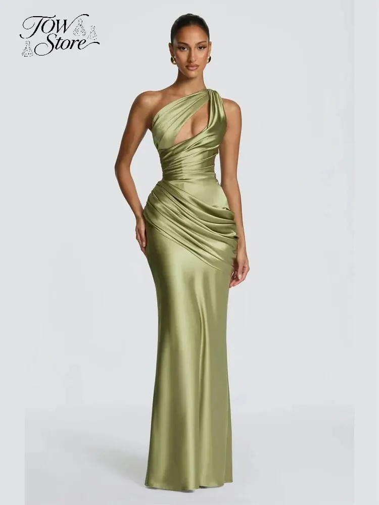 Elegant Solid Ruched Satin Maxi Dress Women One-shoulder Sleeveless Slim Fit Flowy Dresses 2026 Lady Summer Evening Vestidos — image 3