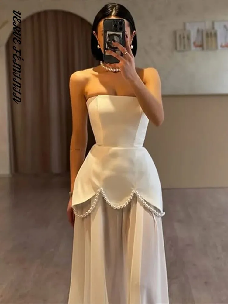 Pakaian Petang Wanita Jala Perca Pakaian Panjang Tanpa Tali Tali Reben Wanita Elegan Tanpa Lengan Tanpa Belakang Pinggang Cinching Vestido Baru — image 7
