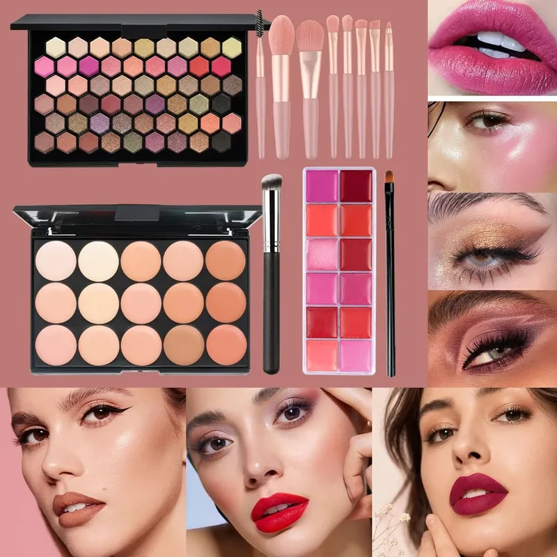 Kits de maquillage 6 pièces, Palette de fard à paupières 54 couleurs, Palette de correcteur de 15 couleurs, brillant à lèvres 12 couleurs avec 9 pinceaux, ensemble complet de pinceaux à lèvres — image 2