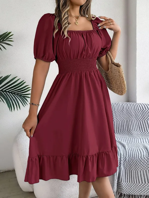 Frühling Sommer Elegantes Kleid mit hoher Taille Square Neck Kurzarm Rüschenkante Lange Kleider 2026 Valentinstag Damenbekleidung — image 13
