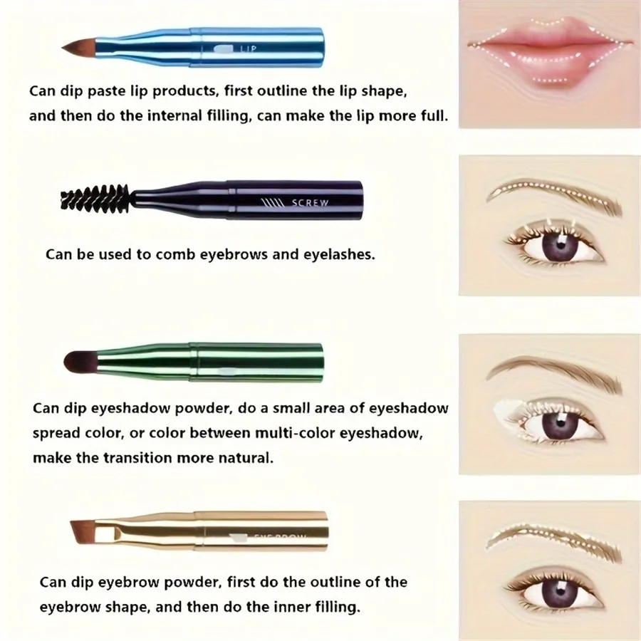 ชุดแปรงแต่งหน้าแบบพกพา 4-in-1 โลหะ Handle Eyebrow & Lip Brushes พร้อมขนตาและอายแชโดว์ Applicators Travel-Friendly
