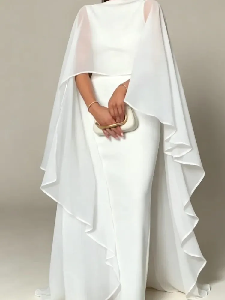 Abito maxi con scollo tondo a mantella trasparente per donna, gonna aperta sul retro, design tinta unita, elegante abito da cerimonia formale da sera femminile — image 6