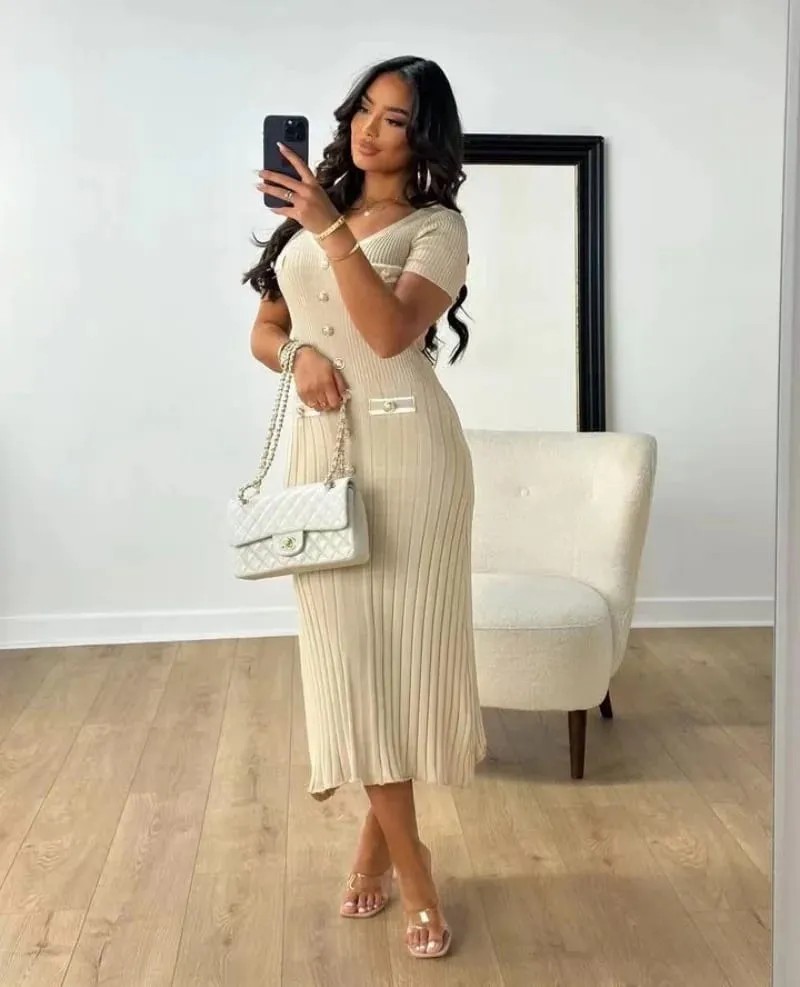 Elegante Gestrickte Maxi Kleider Bodycon Kurzarm Rüschen Einreiher 2025 Neue Kleid Casual Communte Streetwear Vestidos — image 5