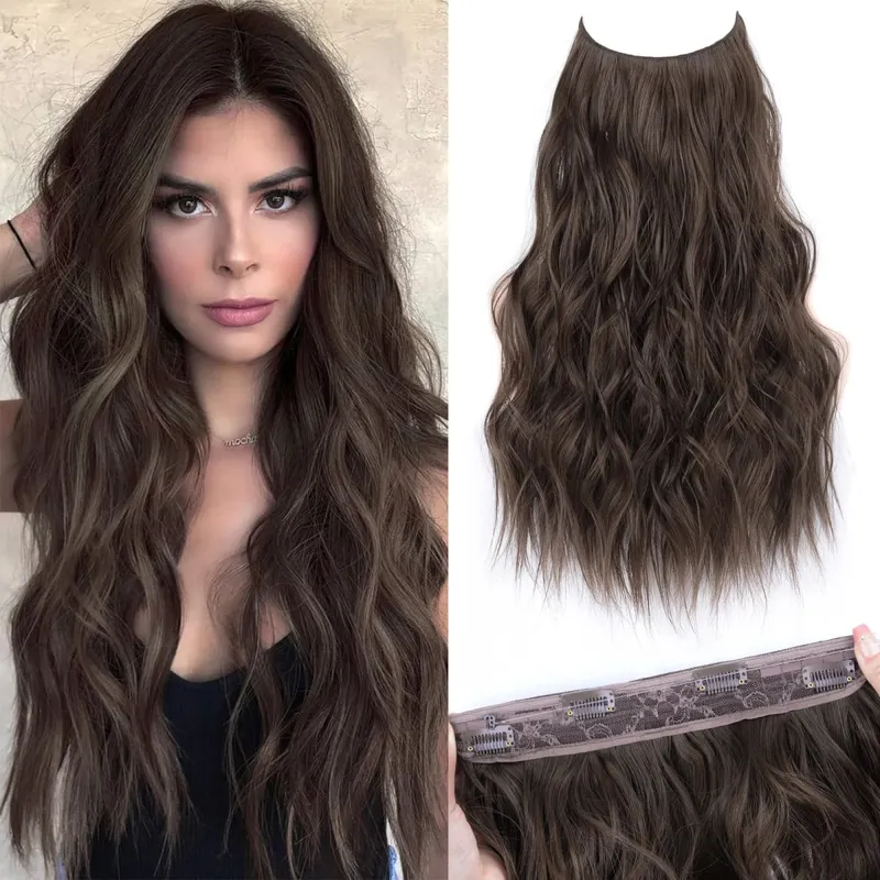 Extensions de cheveux synthétiques à fil Invisible, 4 Clips, ligne de poisson naturelle longue et ondulée, faux postiche une pièce pour femmes — image 11