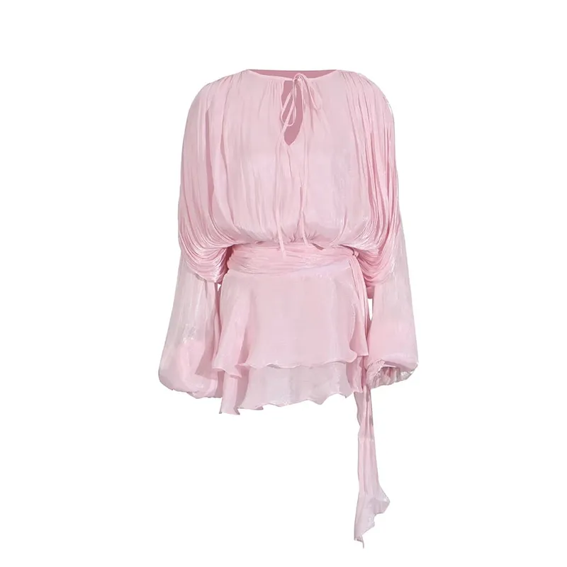 Solid Patchwork Lace Up Blouse Mini Dresses For Women V Neck Long Sleeve Sweet Style Dress Female Clothing Fashion — image 8