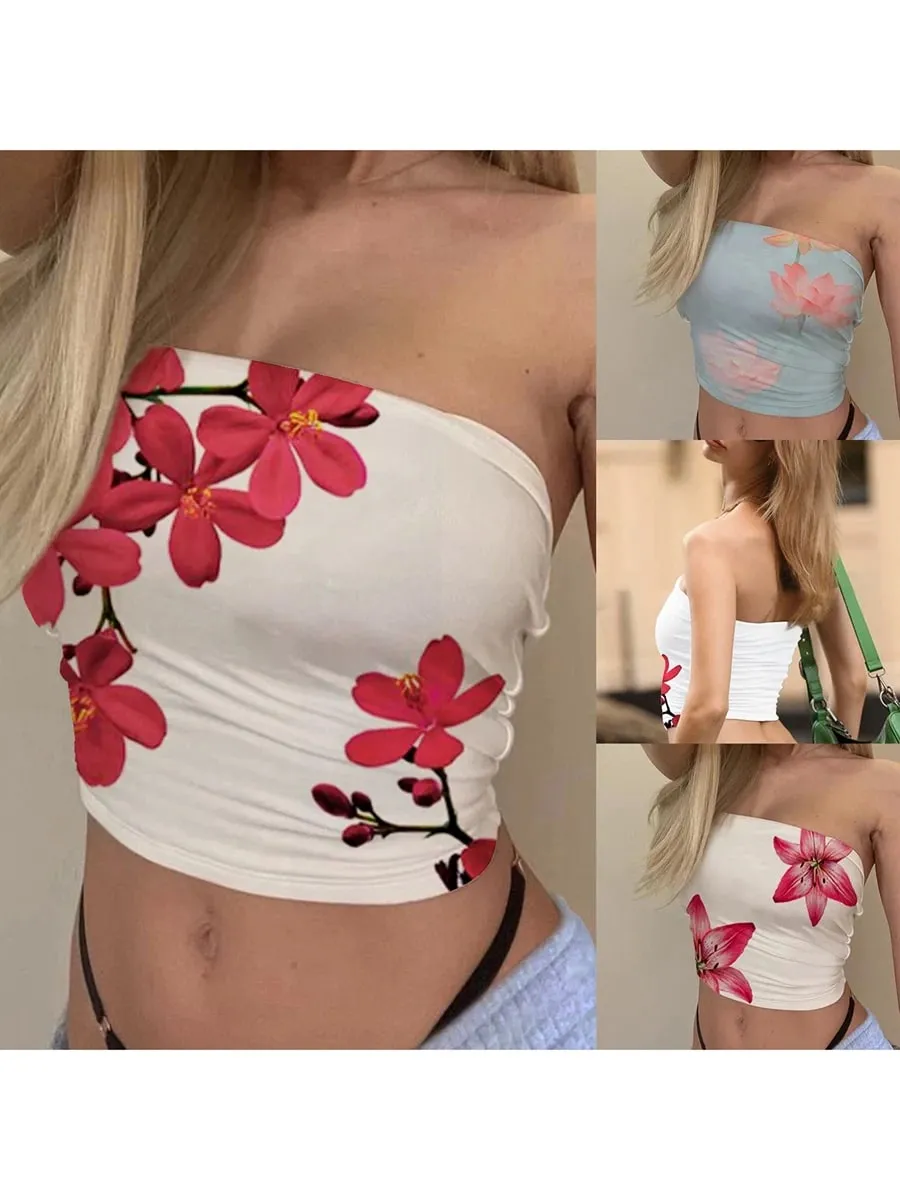 Hauts tubulaires à imprimé Floral pour femmes, hauts Bandeau sans bretelles, chemises cintrées, Streetwear, été — image 9