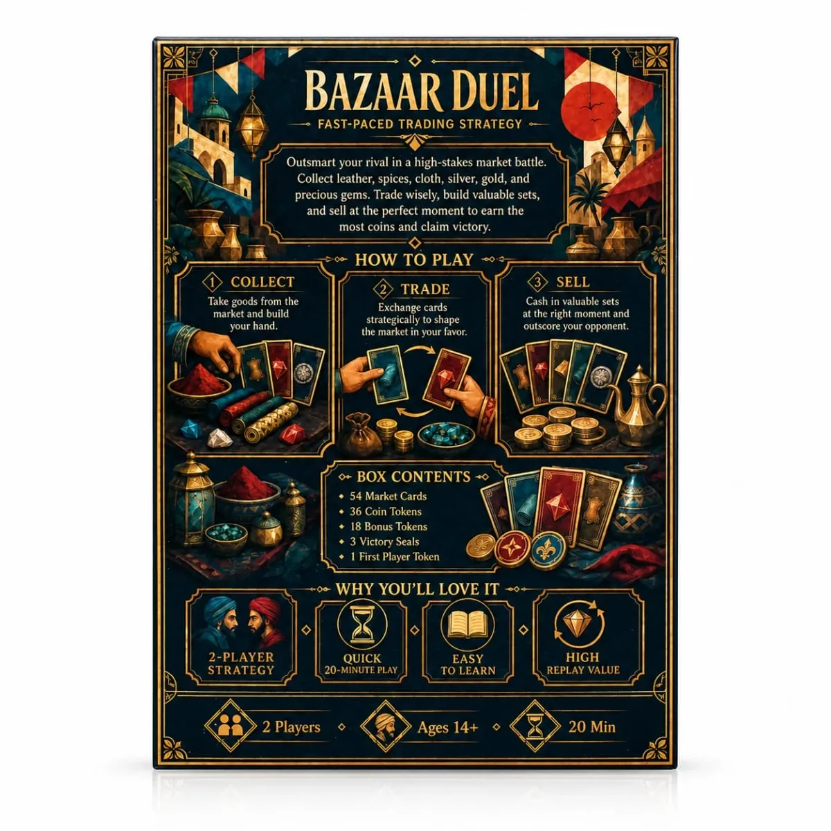Bazaar Duel Card Game Fast Paced Market Trading Strategy Board Game Collect Leather Spices Cloth Silver Gold and Gems Exchange — image 5