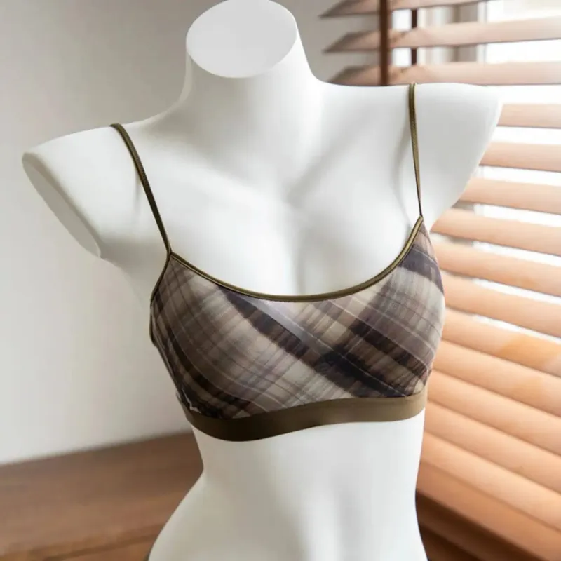 Dámské americké retro kostkované intimky set tenká push up podprsenka proti ochabování podpaží podpora tuku pohodlí každodenní nošení — image 13
