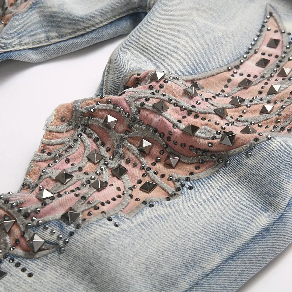 Jeans da uomo con toppa ad ala, taglio a stivale, rivetti, pantaloni svasati slim in cristallo, ricami, pantaloni in denim blu vintage — image 4