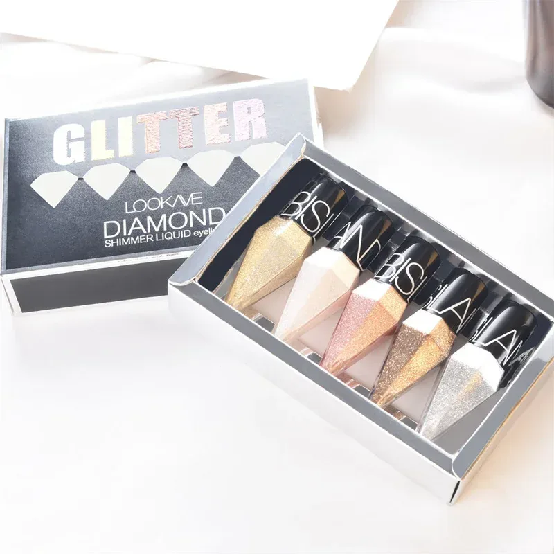 5pc/set Pelapik Mata Berkilat Profesional Kosmetik untuk Wanita Pigmen Perak Mawar Emas Warna Cecair Celak Berkilauan Solek Kecantikan — image 2