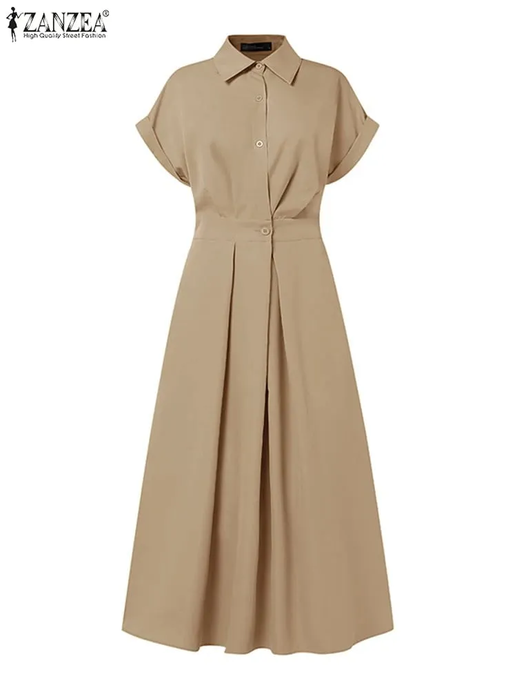 Elegant Chic ผู้หญิงชุดยาวลำลองแขนสั้นคอเอวสูง Casual & Day เสื้อชุดสีทึบ S-3XL — image 3
