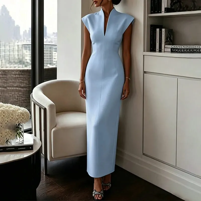 Robe de tempérament solide pour femmes, sans manches, Slim, col en V, taille haute, élégante, tenue de soirée formelle, Chic, nouvel arrivage 2026 — image 9