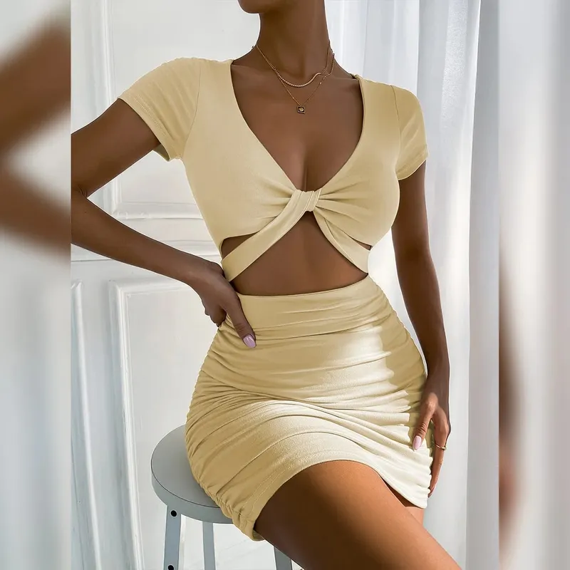 2022 Summer V Neck Hollow Out Cross Bodycon Dresses Women's Solid Backless Ruched Sexy Mini Dress Y2k Party Club Elegant Dresses — image 5