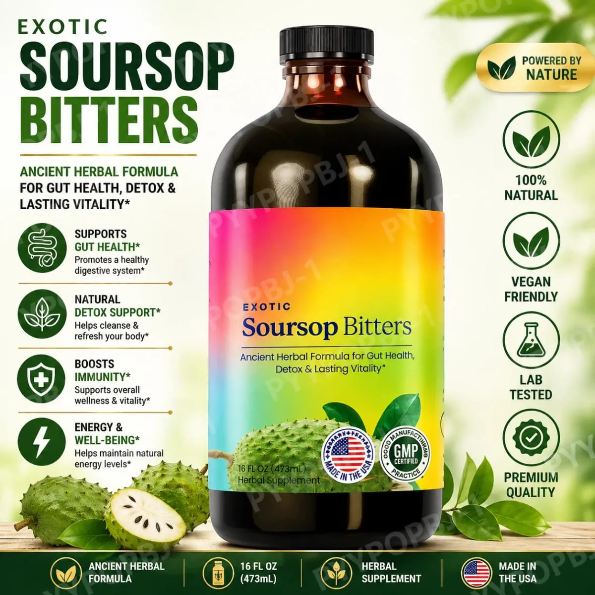 Amaro di soursop Estratto di erbe liquido Miscela di guanabana a base vegetale con zenzero Curcuma e muschio marino Integratore per il benessere quotidiano — image 2