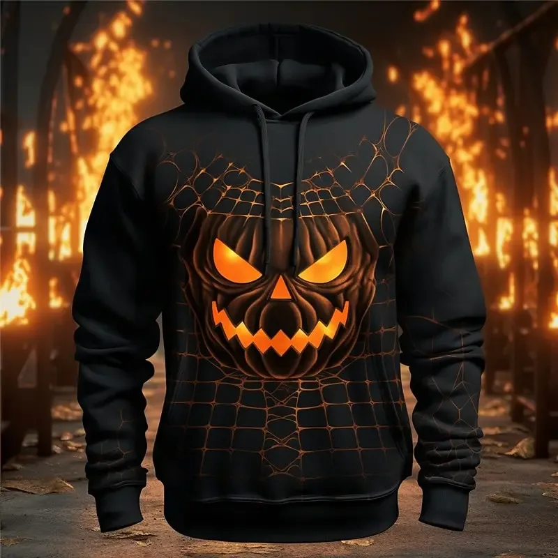 Men Halloween Evil Pumpkin Graphic Printed Hoodie Long Sleeve Pullover Sweatshirt Lantern Men Hooded Shirts Festival Tops — image 3