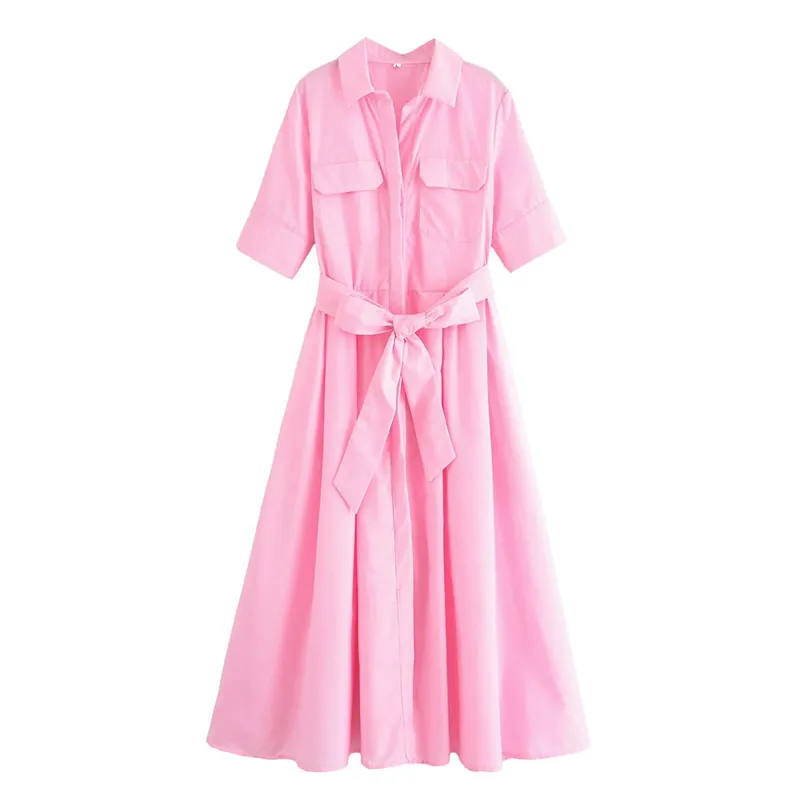 HH femmes été revers manches courtes poche simple boutonnage ceinture décorer robe Midi femme mode chemise Style robe plissée — image 15