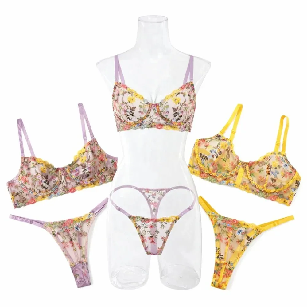 2-teiliges Blumen-Dessous-Set, transparent, vielseitig, Unterwäsche, Intimates, Bügel, Push-up-Stickerei, BH, Höschen-Set für Damen und Mädchen — image 2
