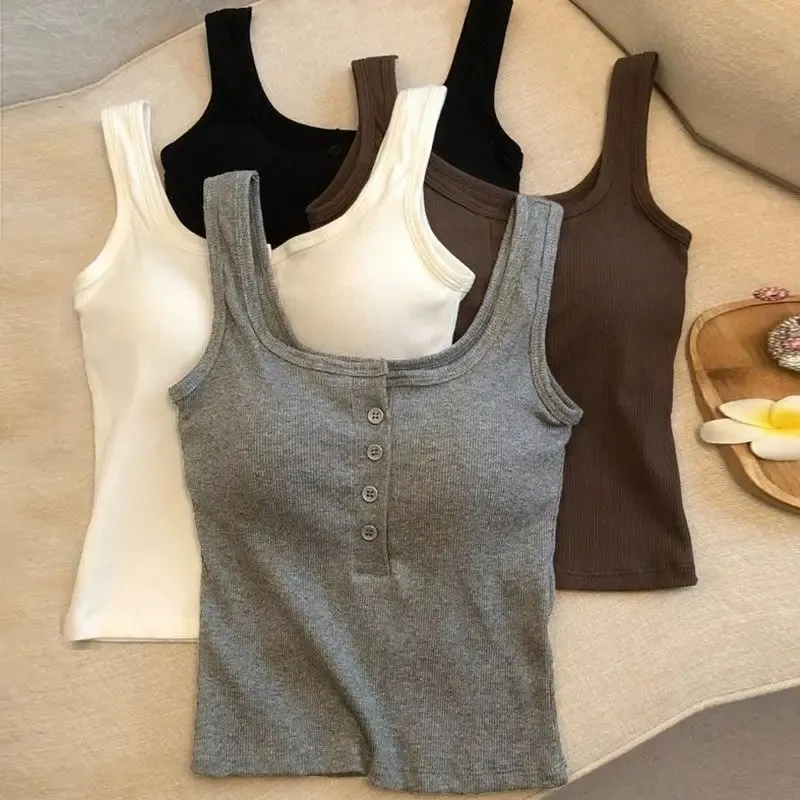 1-teiliges geripptes Henley-Tanktop für Damen mit quadratischem Ausschnitt und Knopfleiste vorne, integrierter BH, ärmelloses Leibchen — image 8