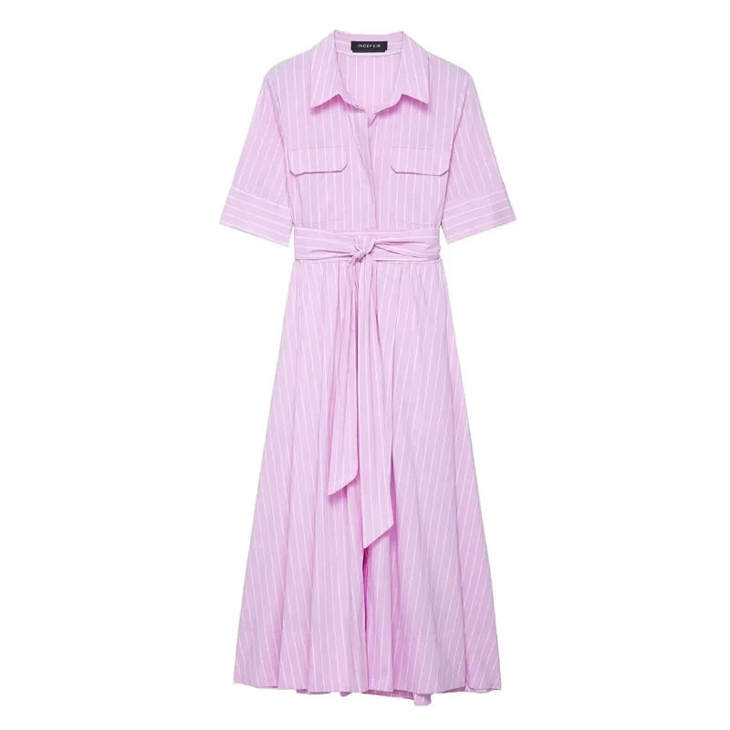 HH femmes été revers manches courtes poche simple boutonnage ceinture décorer robe Midi femme mode chemise Style robe plissée — image 13