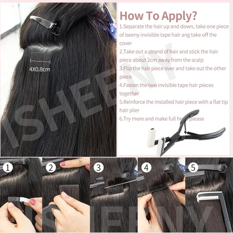 Isheeny Invisible Tape In Hair Extensions 12" 16" 20" Skin Weft Tape Ins 10 stk Naturlig Straight Machine Made Remy Human Hair — image 6
