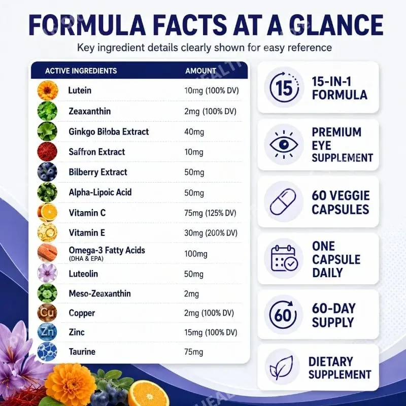 Premium 15-in-1 Advanced Eye Formula mit Lutein, Zeaxanthin, Astaxanthin, Heidelbeere und Safran, unterstützt das Wohlbefinden der Augen, 60 Kapseln — image 3