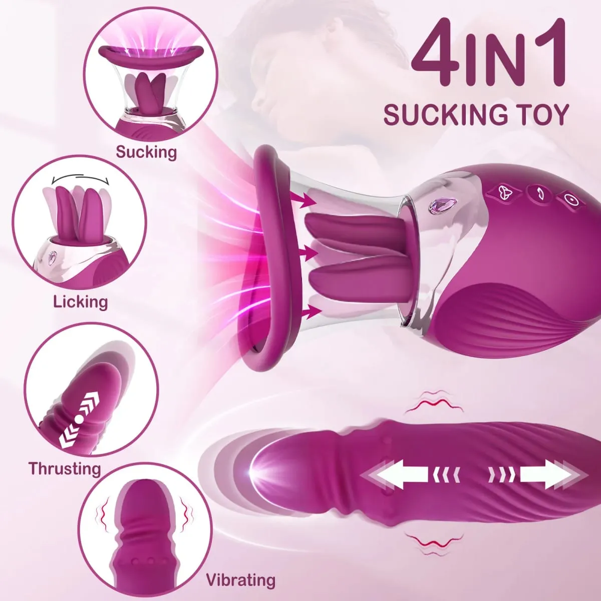 Vibromasseur Rose 4 en 1 pour femmes, gode de poussée du point G avec succion du mamelon du Clitoris, fonctions de Massage, jouet sexuel pour adulte — image 2