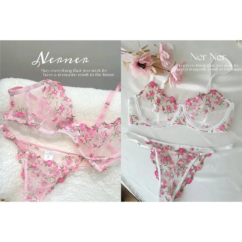 Set Bra Sulaman Renda Bunga Lutsinar Seluar Dalam Minimizer Nipis Musim Panas Lembut Bernafas Payudara Penuh Wanita Di Rumah Pakaian Harian S-XL — image 14