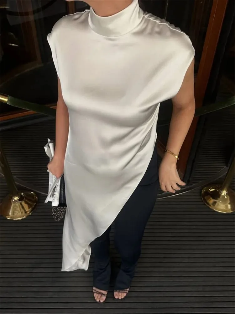 Tossy Casual Sleeveless Satin Maxi Dress Female Turtleneck Patchwork Slim Fashion Solid Commute Dress For Women Long Dress 2025 — image 3