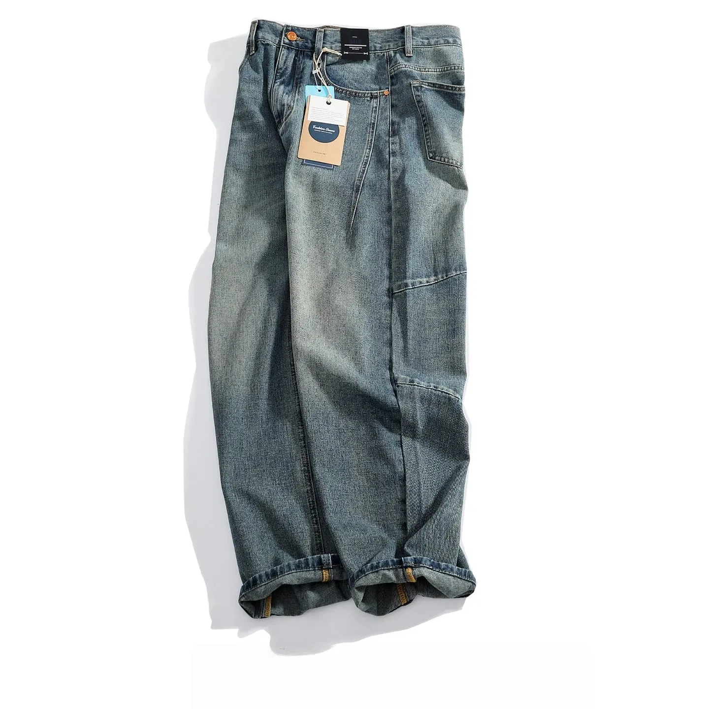 Retro distressed whiskering jeans til mænd tredimensionelle split silhuet brede ben løse denimbukser — image 1