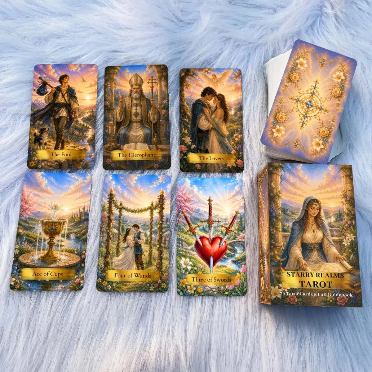 ไพ่ทาโรต์ Starry Realms 78 ใบ 13x8 ซม. รวมกระดาษคู่มือการเดินทางสู่จินตนาการและชุดเกมการ์ดภูมิปัญญาภายใน — image 4