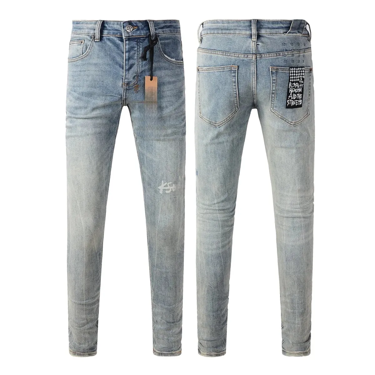 Jean en denim vieilli délavé bleu High Street pour hommes avec braguette boutonnée à motif de lettre brodée, adapté à un usage toutes saisons