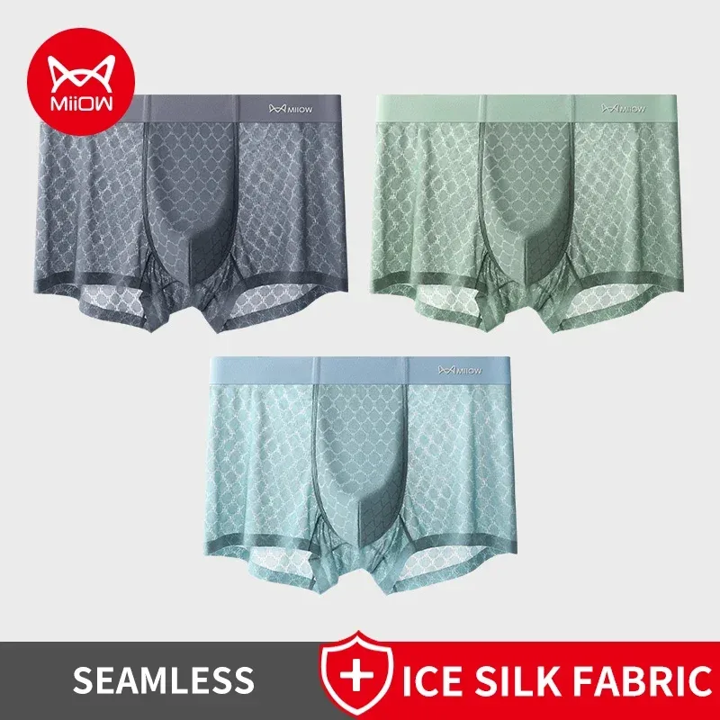 MiiOW 3Pcs Seamless Ice Silk Men Boxer Underwear Summer Breathable Mesh Men's Panties Antibacterial Man Underpants Boxers Briefs