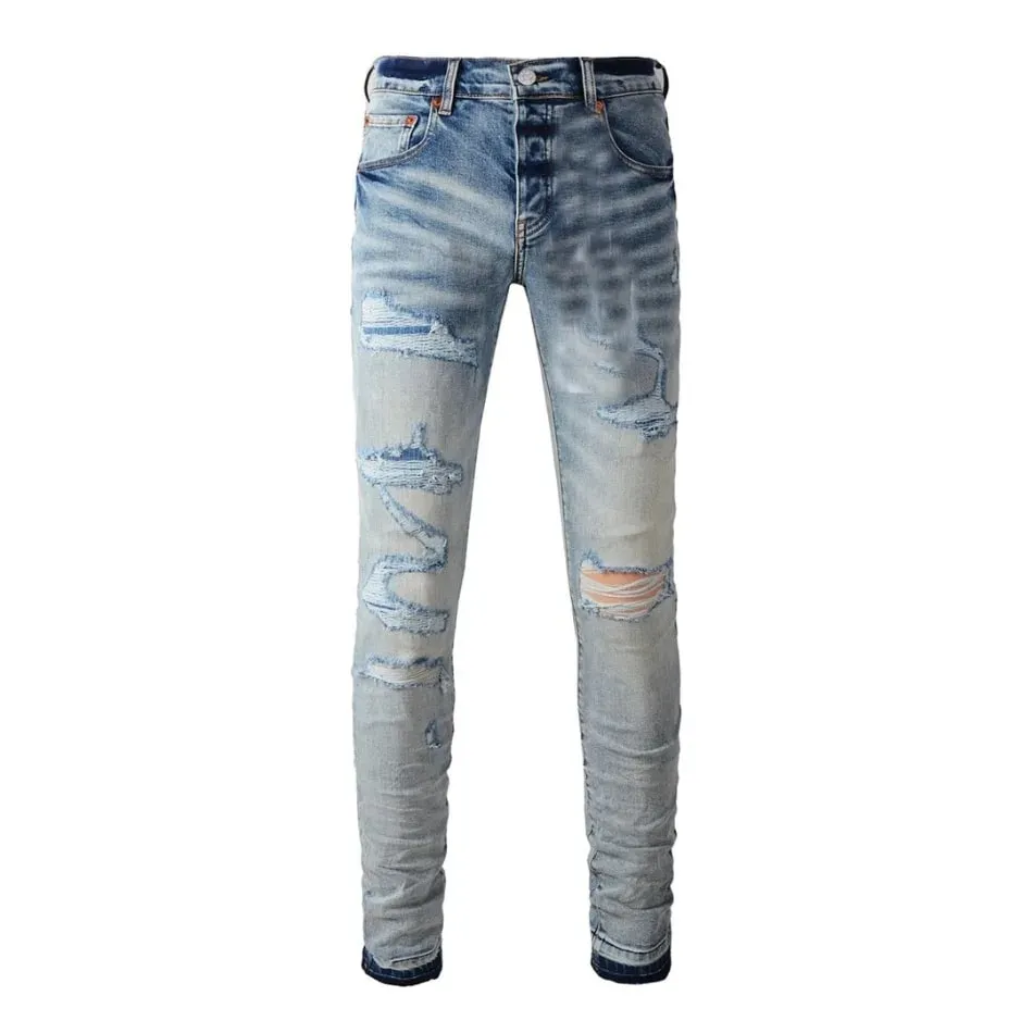 Pantaloni da uomo High Street Jeans American Distressed Nero scuro rivestito bianco elasticizzato con bottoni skinny e pantaloni strappati